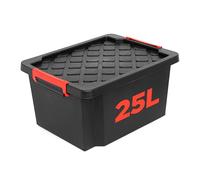 NOVECRAFTO 25L Plastic Storage Box with Lid, Heavy Duty, Black, Stackable | Small garden storage box; garage storage box with lid, carry handles, clip locks & padlockable for sheds and outdoor use