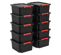 NOVECRAFTO 25L Plastic Storage Boxes with Lids, Heavy Duty Black, 10 Boxes | Small garden storage box; garage storage boxes with lids, carry handles, clip locks & stackable for sheds and outdoor storage