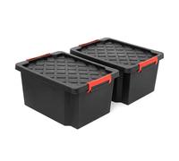 NOVECRAFTO 25L Plastic Storage Boxes with Lids, Heavy Duty Black, 2 Boxes | Small garden storage box; garage storage boxes with lids, carry handles, clip locks & stackable for sheds and outdoor storage