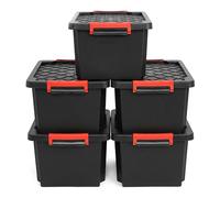 NOVECRAFTO 25L Plastic Storage Boxes with Lids, Heavy Duty Black, 5 Boxes | Small garden storage box; garage storage boxes with lids, carry handles, clip locks & stackable for sheds and outdoor storage