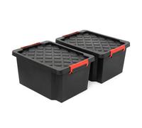 Novecrafto 25L Small Heavy-Duty Storage Box With Lid 2 Pack With Handles Durable Plastic Clip Locks Stackable Garage & Outdoor Black