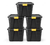 NOVECRAFTO 42L Compact Medium Storage Box with Lid 5 Pack, Stackable | Heavy-Duty Storage Boxes with Carry Handles, Durable Plastic, Clip Locks, for Garage, Shed, Lofts & Outdoor Use (Black)