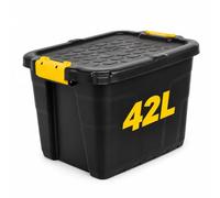 NOVECRAFTO 42L Compact Medium Storage Box with Lid, Heavy Duty, Stackable | Heavy-Duty Storage Box with Carry Handles, Durable Plastic, Clip Locks, for Garage, Shed, Lofts & Outdoor Use (Black)