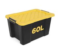 NOVECRAFTO 60L Medium Storage Box with Lid, 10 Pack - Heavy-Duty Storage Box with Carry Handles, Durable Plastic, Clip Locks, Stackable - Garage, Shed & Outdoor Use (Black)