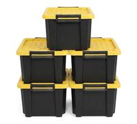 NOVECRAFTO 60L Medium Storage Box with Lid, 5 Pack - Heavy-Duty Storage Box with Carry Handles, Durable Plastic, Clip Locks, Stackable - Garage, Shed & Outdoor Use (Black)