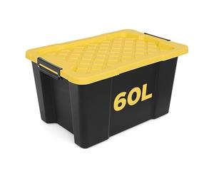 NOVECRAFTO 60L Plastic Storage Box with Lid, Heavy Duty, Black, Stackable | Carry handles, clip locks & padlockable design; medium garage storage box with lid for sheds and outdoor use