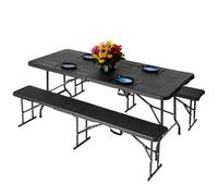 Novecrafto 6Ft Folding Table & 2 Folding Benches Set - Heavy-Duty Black Hdpe, Steel Frames, Wood Grain Pattern, Indoor/outdoor Use