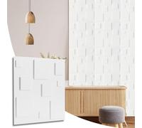 NOVECRAFTO Blocks Effect 3D Wall Panels - Pack of 10 Sheets Covering 26.91 sq ft (2.5 sqm) - Decorative Cladding Panel Size 19.6"x19.6" (50x50cm) - Wall Tiles with 3D Blocks Design in Matte White