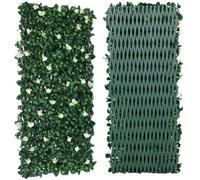 Novecrafto Expanding Trellis With Artificial Leaves And White Flowers 282 X 30Cm - Ficus Leaf Garden Hedge Balcony Privacy Screening Panel