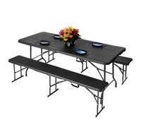 Novecrafto Folding Table & Folding Bench Seat Set Plastic Surfaces & Steel Frames in Black Novecrafto Black