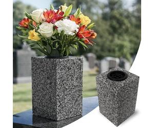 NOVECRAFTO Granite Memorial Vases for Graves - Heavy Grey Granite Grave Vase for Flowers, Solid Stone Flower Pot with Removable Insert - Cemetery Grave Flower Holder for Fresh & Artificial Flowers