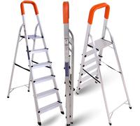 NOVECRAFTO Lightweight Tall Folding Heavy Duty 6 Step Ladder, Aluminium | 167cm, non-slip wide steps and rubber feet, safety handrail, wide platform, deep treads, compact, portable, 150kg max load