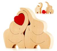 NOVECRAFTO Loving Wooden Love Elephant Couple Figurine With Red Heart - Elephants Ornament Decor Gift With Message Of Love