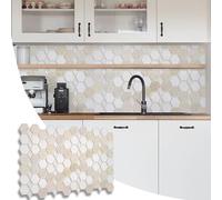 NOVECRAFTO Modern 3D Honeycomb Hexagon Tile Effect Wall Panels with Glitter - Set of 8-4.96 sqm | 53.68 Sqf - Interior Kitchen Splashback and Bathroom PVC Plastic Cladding in Beige Cream Caramel