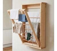 Natural Wall Mounted Wooden Clothes Drying Rack with Double side Rails - Foldable and Space-Saving Clothes Airer
