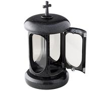 NOVECRAFTO Round Granite Memorial Lantern for Graves, Black, 22cm, Cross | Graveside tribute for cemetery or graveyard remembrance, suitable for funeral display and memory candle decoration