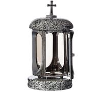 Large Round Granite Memorial Lantern - H 8.6" (22cm) Grey Graveside Tribute with Cross & Silver Frame - Funeral Gift, Cemetery Grave Ornaments, Memory Lantern, Candle Decoration for Graveyard