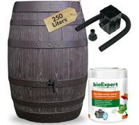 Novecrafto Rustic Oak Barrel Look Water Butt Kit With Tap, Diverter & Bio Cleaner - 250L Plastic Rain Water Collector Tank For Garden - Brown