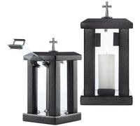 NOVECRAFTO Square Granite Memorial Lantern, Black, 32cm, Cross & Candle | Graveside tribute for cemetery or graveyard remembrance, suitable for garden or home display and memory candle use