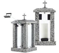 NOVECRAFTO Square Granite Memorial Lantern for Graves, Grey, 32cm, Cross | Graveside tribute for cemetery or graveyard remembrance, suitable for garden or home display and memory candle use