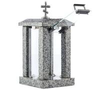 Novecrafto Square Granite Memorial Lantern H 32Cm - Large Grey Graveside Outdoor Candle Lantern With Orthodox Cross For Garden Or Cemetery