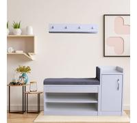 Novecrafto White Shoe Racks Storage Bench With Coat Stand & Shelf Combo - Grey Cushion Shoe Storage Seat - Wallet And Key Holder Organizer