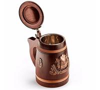 NOVECRAFTO Wooden Beer Mug with Lid - Handcrafted Real Oak with 0.5L / 0.88 Pint Capacity, Stainless Steel Insert Stunning Medieval Wood Beer Tankard, Gift for Him, Unique Viking Stein Drinking Mugs