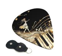 Novel Music Note Printed Guitar Picks, 6 Pack with Leather Keychain Pick Holder - 0.46mm, 0.71mm, 0.96mm Assorted Thickness for Acoustic Ukulele, Electric Guitar, Acoustic Guitar, Bass