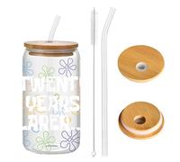 Novel Sea Design Cute Glass Cups with Lids Glass Straw, Sea Flowers Bubbles Pattern 500ml Coffee Drinking Cup Glasses Tumbler for Adults, Birthday Anniversary Cup Gifts for Women Friends (20 Years)