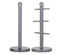 Novel Solutions Mug Tree & Paper Towel Holder Set - Stainless Steel with Powder-Coated Finish, Six Hooks, Weighted Anti-Slip Bases for Stable Countertop Organisation, Grey