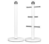 Novel Solutions Mug Tree & Paper Towel Holder Set - Stainless Steel with Powder-Coated Finish, Six Hooks, Weighted Anti-Slip Bases for Stable Countertop Organisation, White