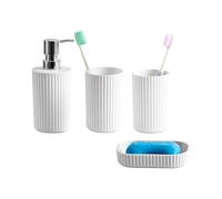 Novel Solutions Premium 4-Piece Bathroom Accessories Set - Matt Grey Rubber-Coated Soap Dispenser, Soap Dish, 2 Tumbler Cups & Toothbrush Holder - Modern Vanity Organiser Kit (White Finish)