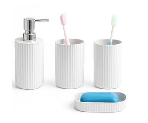 Novel Solutions Premium 4-Piece Bathroom Accessories Set - Matt Grey Rubber-Coated Soap Dispenser, Soap Dish, Tumbler Cup & Toothbrush Holder - Modern Vanity Organiser Kit (White Finish)