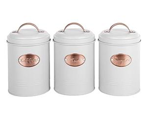 Novel Solutions Retro Round Tea, Sugar, Coffee Canisters 3pc Set with Lids. Decorative Kitchen Food Storage Tin for your favorite Tea bags, Sugar cubes and Coffee beans or powder.
