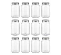 Novelinks 32 OZ Clear Plastic Mason Jar with Lids - Dishwasher Safe Storage Jars for Kitchen & Household (12 Pack, Silver)