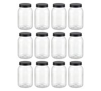 novelinks 32 oz Plastic Food Storage Jars with Metal Lids - 12 Pack BPA-Free Clear Airtight Containers for Pantry, Spices, Snacks, Kitchen & Bathroom Organization - Leak-Proof Reusable Jars (Black)