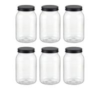 novelinks 32 oz Plastic Food Storage Jars with Metal Lids - 6 Pack BPA-Free Clear Airtight Containers for Pantry, Spices, Snacks, Kitchen & Bathroom Organization - Leak-Proof Reusable Jars (Black)