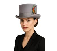 Novella Noori Handmade Wool Felt Top Hat - Wool, Satin Lined Water-Repellent Top Hats with Removable Feather - Women and Mens Tophat for Weddings, Parties or Vintage Costumes (UK, S, Grey)