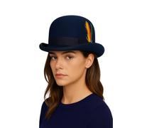 Novella Noori Hard Feld Bowler Hat - Classic Woolen Derby Hat with a Moisture Wicking Lining - Women and Men's Bowler Hat with a Removable Feather and a High Crown, Holds Shape All Day (Navy, XXL)