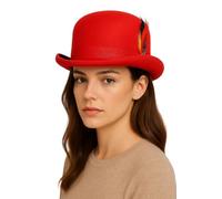 Novella Noori Hard Feld Bowler Hat - Classic Woolen Derby Hat with a Moisture Wicking Lining - Women and Men's Bowler Hat with a Removable Feather and a High Crown, Holds Shape All Day (Red, L)