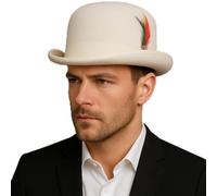 Novella Noori Hard Feld Bowler Hat - Classic Woolen Derby Hat with a Moisture Wicking Lining - Women and Men's Bowler Hat with a Removable Feather and a High Crown, Holds Shape All Day (White, XXL)