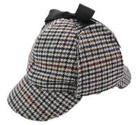 Novella Noori Sherlock Holmes Deerstalker Hat - Houndstooth Tweed Check Wool Blend Hat with Earflaps - Vintage Detective Hats for Sherlock Holmes Costume, Cosplay, and Outdoor Wear - Multi Color, S/M