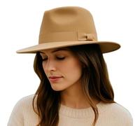 Novella Noori Wide Brim Wool Felt Fedora Hat - Handmade and Crushable Cowboy-Style Felt Fedora with A-Line Crown - Water-Resistant Unisex Wool Hat with Cotton Sweatband for Outdoor (UK, M, Camel)