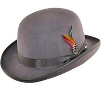 Novella Noori Wool Bowler Hat - Classic Derby Hat for Men & Women - Vintage Churchill & Chaplin Style - High Crown, Curved Brim, Removable Feather - Stylish & Durable - Sizes S-XXL (55cm-62cm) Grey