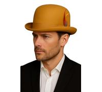 Novella Noori Wool Bowler Hat - Classic Derby Hat for Men & Women - Vintage Churchill- High Crown, Curved Brim, Removable Feather - Stylish & Durable - Sizes S-XXL (55cm-62cm) Mustard Bowler Hat