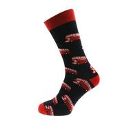 Novelty Bus Driver Design Cotton Rich Woven Socks, London Double Decker Pattern, Black and Red, UK Size 5-12, Unisex Adult