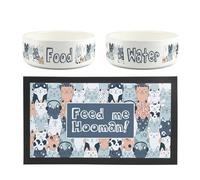 Novelty Cat Pet Bowls & Mat Set - Feed me Human Funny Cat Gift - White Ceramic Food & Water Dishes and Non-Slip Rubber Mat For Cats (Set of 3)