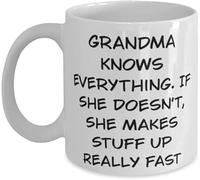 Novelty Ceramic Coffee Mug Funny Gag Grandma Style Knows Everything If She Doesn't Makes It Up Theme Reusable Gift from Granddaughter to Grandmom 11Oz