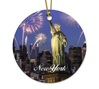 Novelty Christmas Decoration New York City Statue of Liberty Cityscape Christmas Ornaments for Xmas Tree Round Keepsake Porcelain Bauble Stocking Stuffer Souvenir Gift for Parents Kids