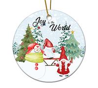Novelty Christmas Decorations Winter Snowman Gnome Joy to The World Christmas Ornaments for Xmas Tree Round Keepsake Porcelain Bauble Stocking Stuffer Souvenir Gift for Parents Kids Children